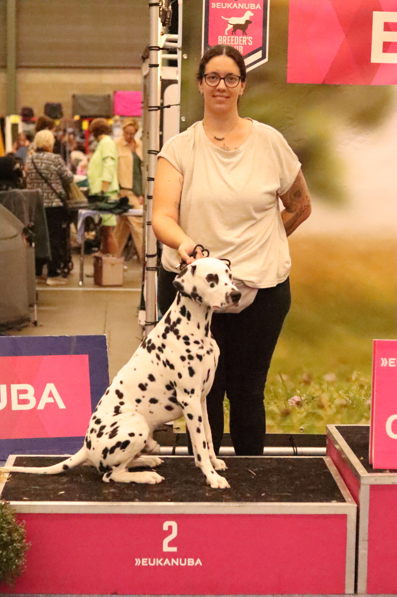 Quill auf dem Siegerpodest der Hundeausstellung in Genk 2026, Tag 2 (Dalmatiner, v2 in der Zwischenklasse)